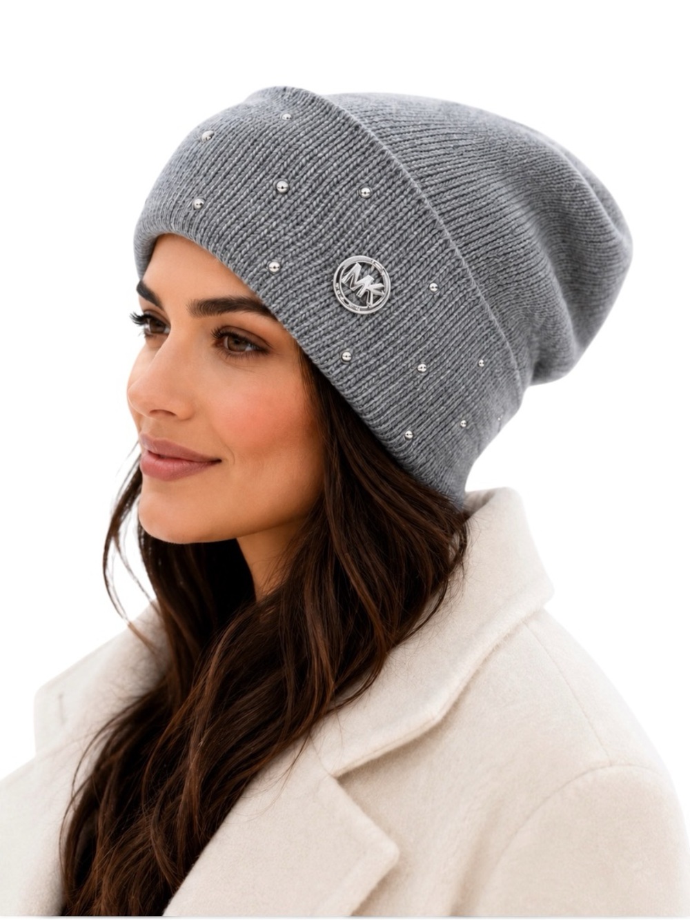 MICHAEL KORS Heather Grey Silver Studded Knit Beanie Logo Medallion Cuff OS New!